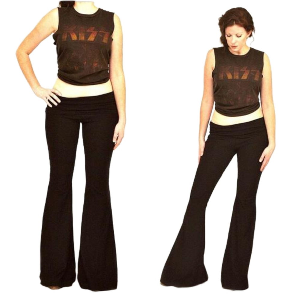 LONG LENGTH Hip Hugger Bell Bottom Black Flared Boho Yoga Pants Size XS S M L XL